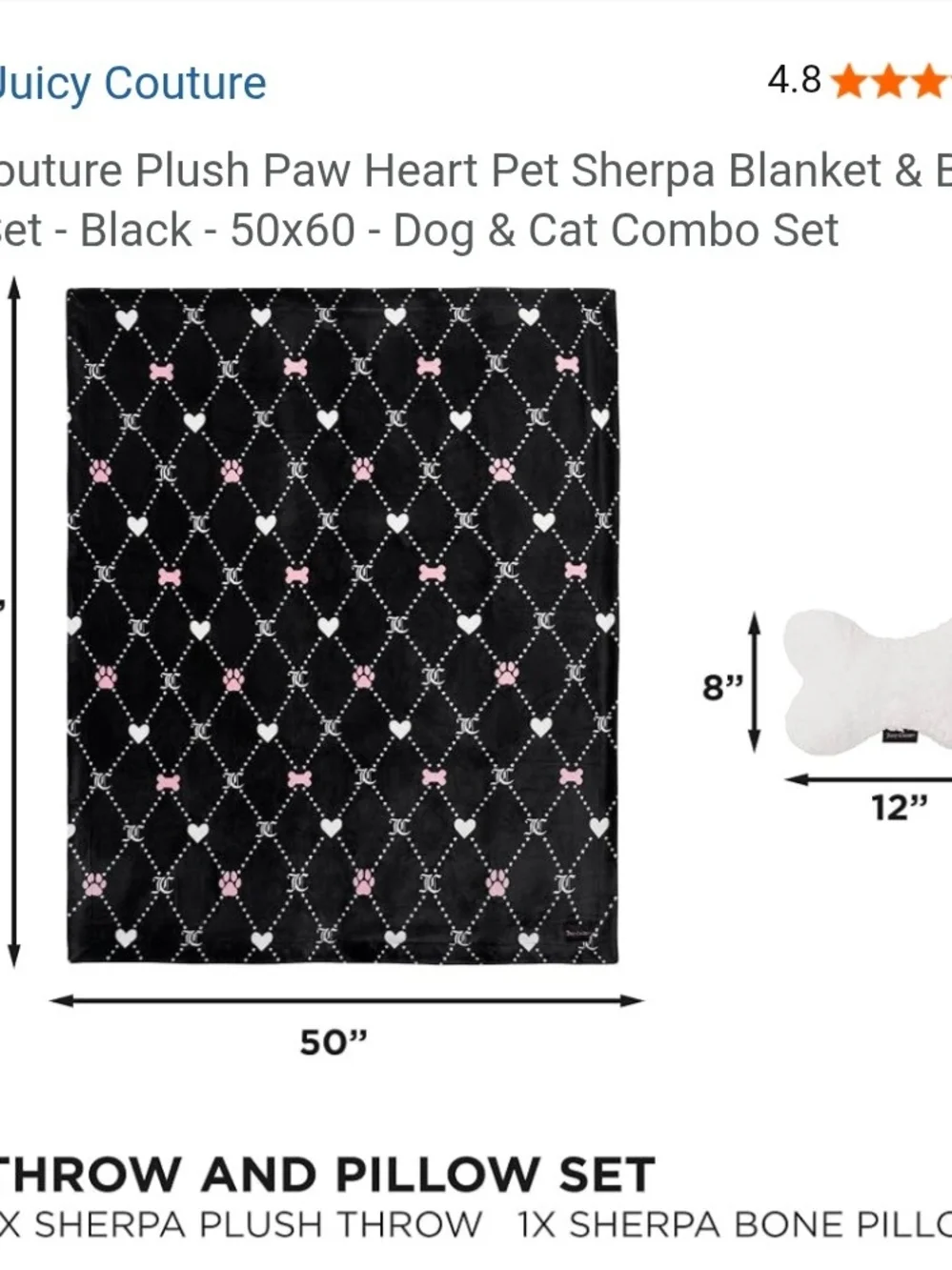Juicy Couture Luxury Black Plush Dog Bed with Crown And Matching Plush Throw